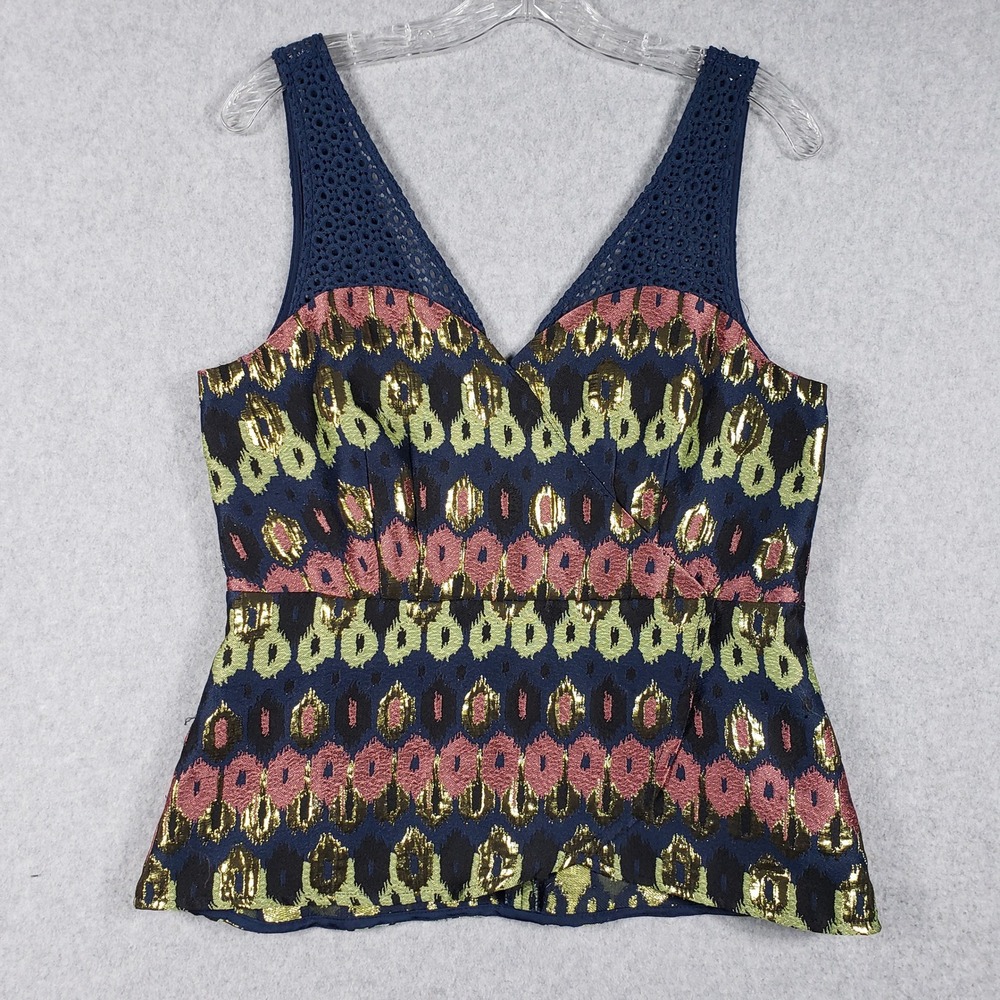 Anthropologie Brocade Beaded‎ Peplum Top M Navy Pink Gold Rococo Whimsigoth Top